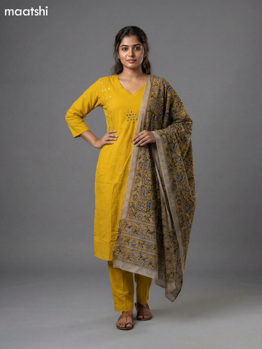 Mustard Shade Cotton Mirror Work With Angrakha Pattern A-Line Suit