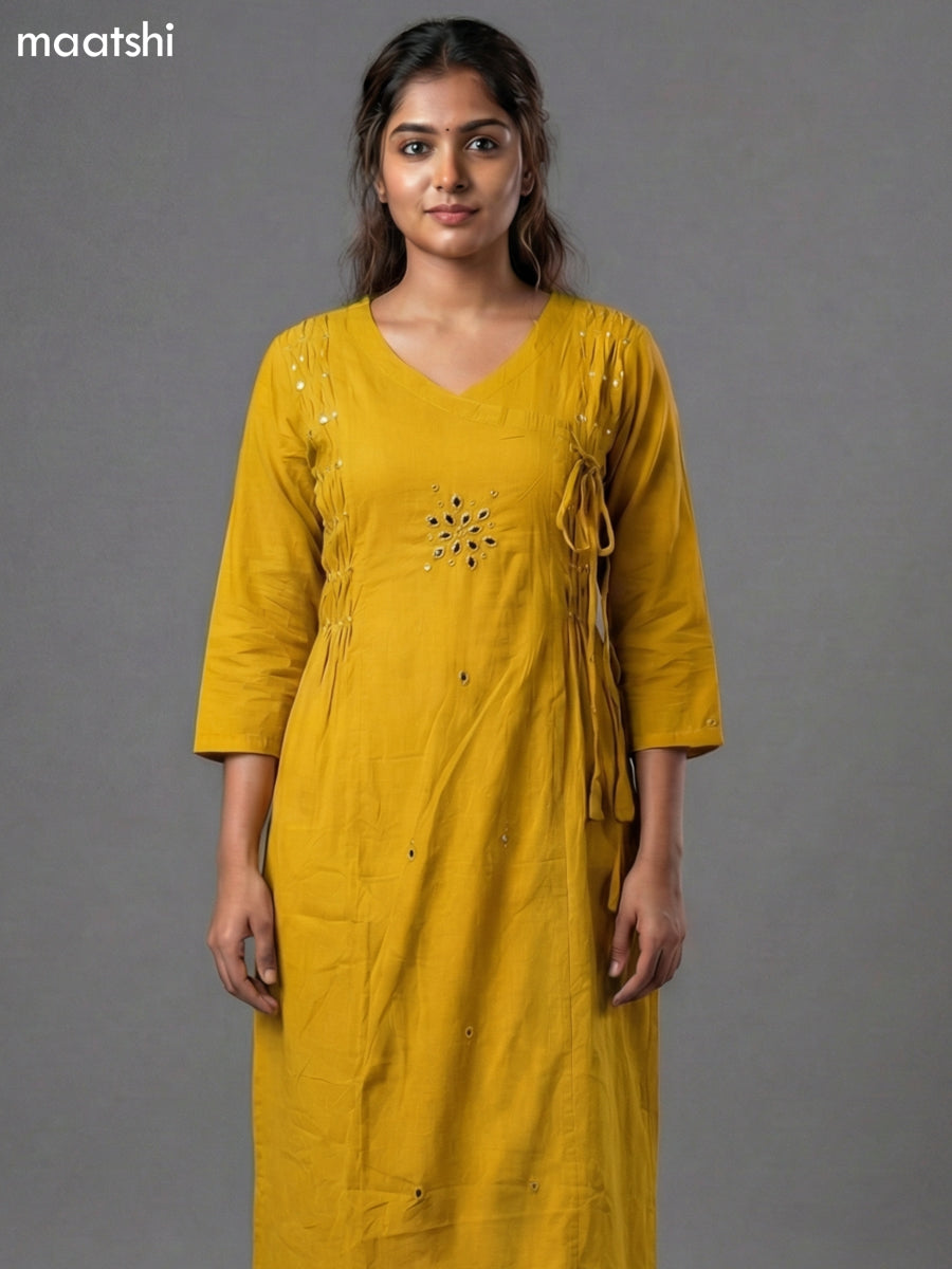 Mustard Shade Cotton Mirror Work With Angrakha Pattern A-Line Suit