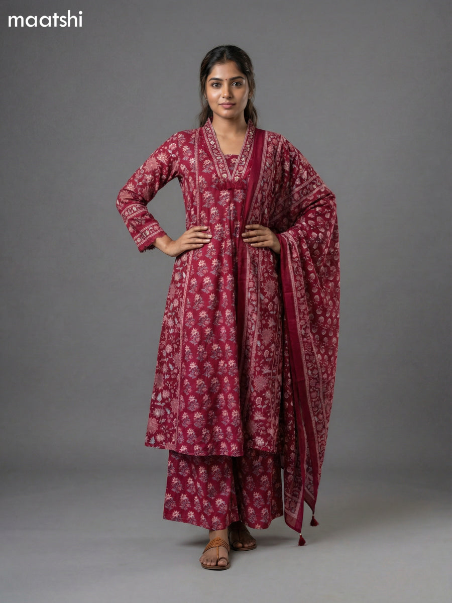 Dark Magenta Pink Cotton Printed Anarkali Suit