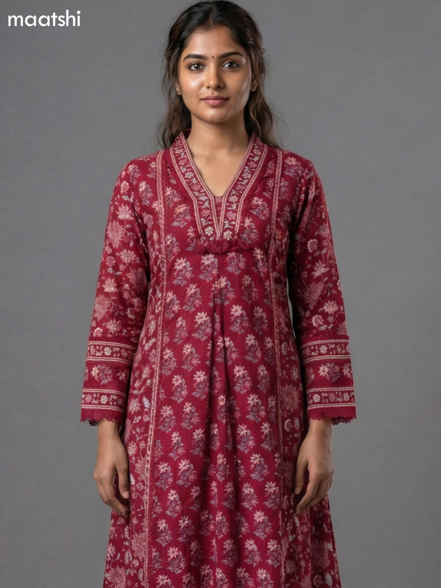 Dark Magenta Pink Cotton Printed Anarkali Suit