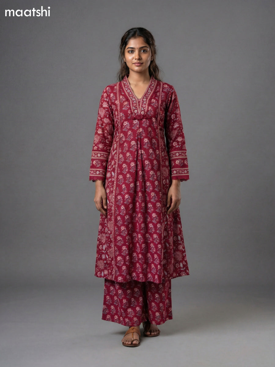 Dark Magenta Pink Cotton Printed Anarkali Suit