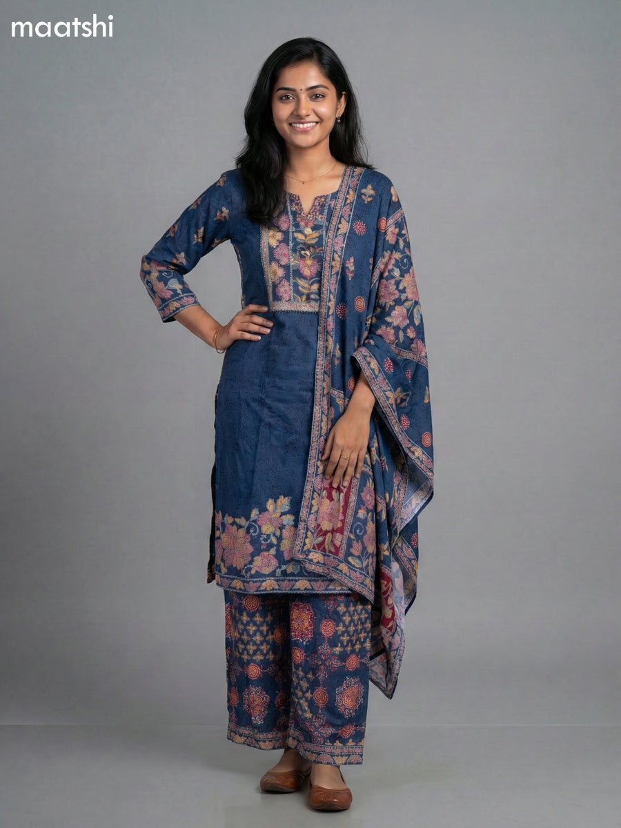 Blue Muslin Madhubani Printed Straight Suit