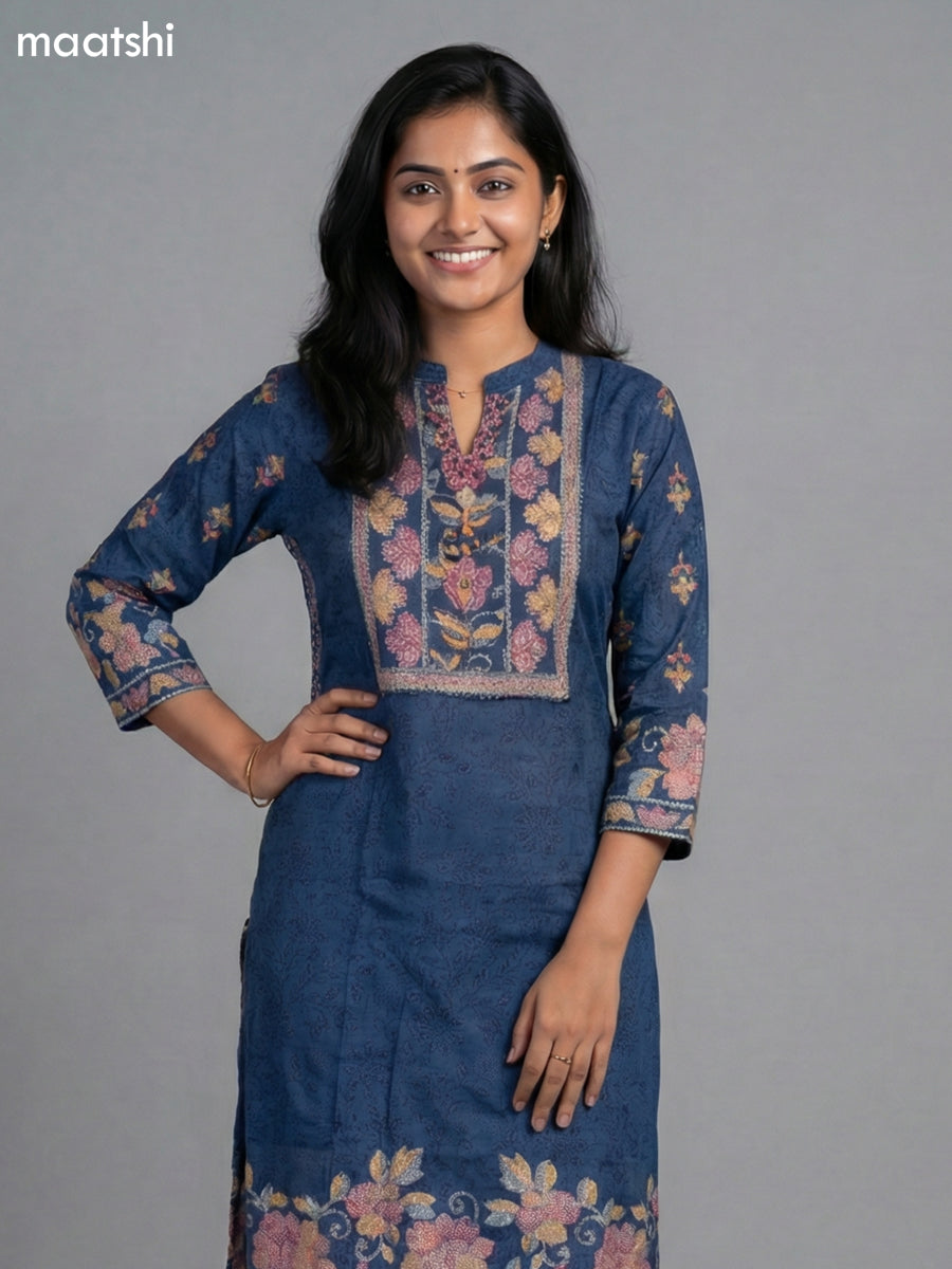 Blue Muslin Madhubani Printed Straight Suit