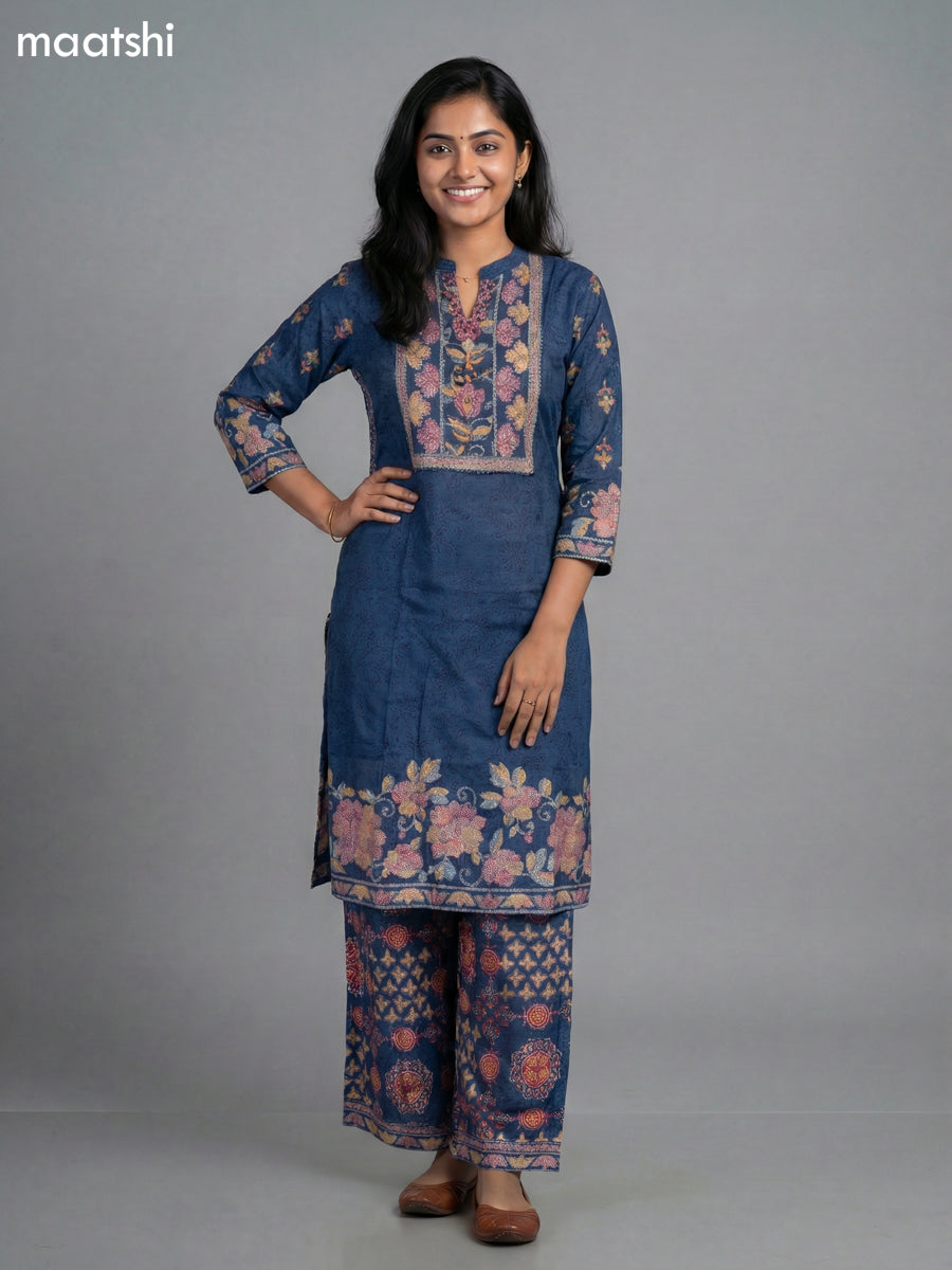 Blue Muslin Madhubani Printed Straight Suit