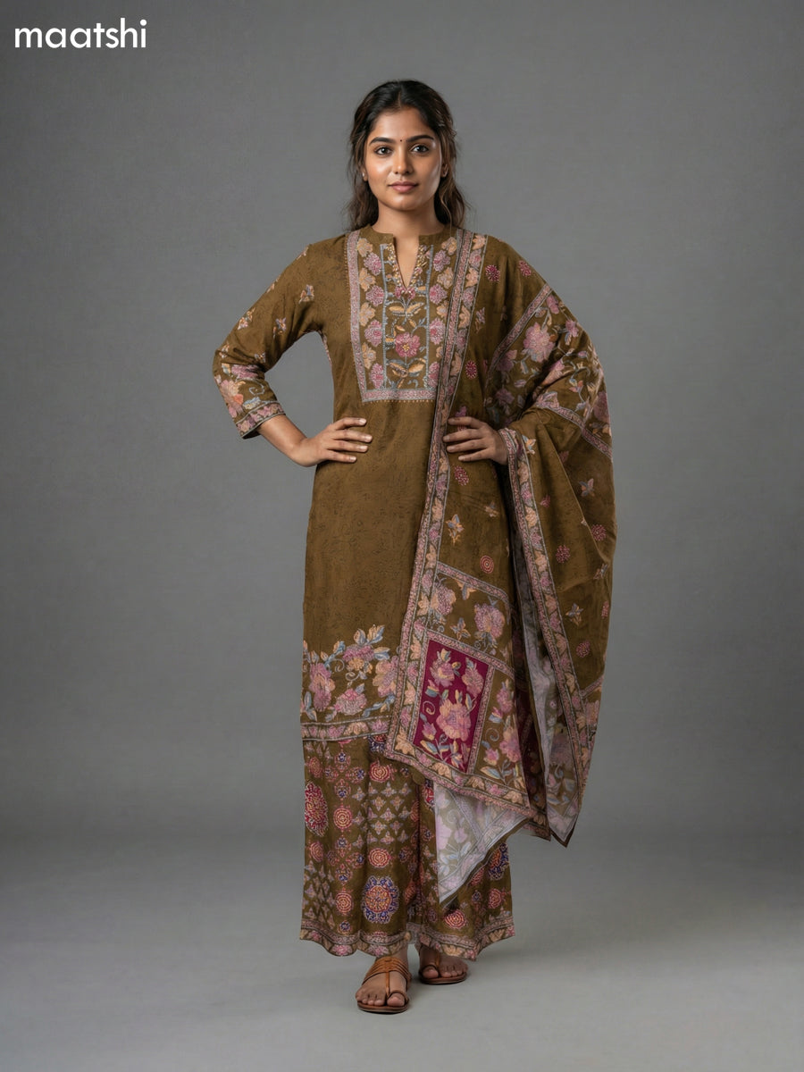 Dark Mehendi Green Muslin Madhubani Printed Straight Suit