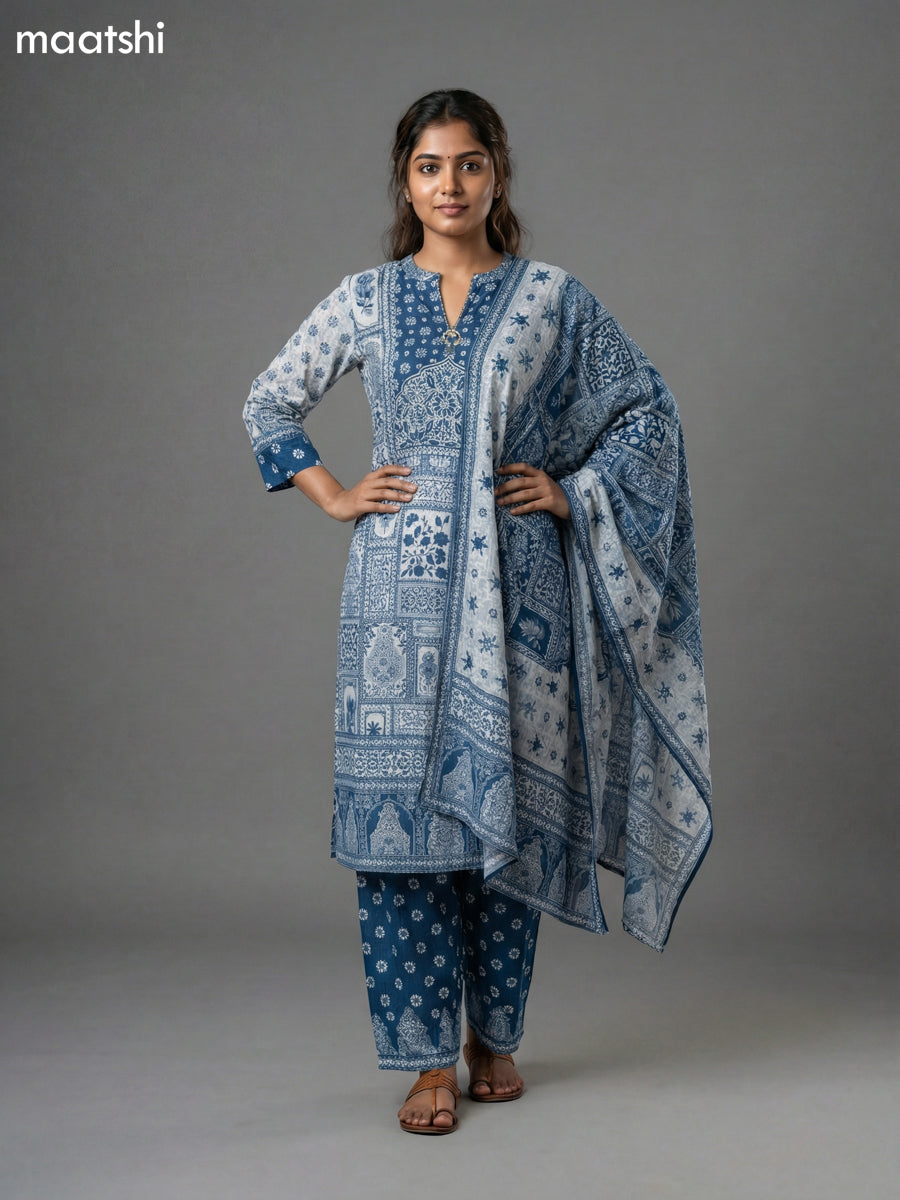Off White and Blue Muslin Printed Straight Suit