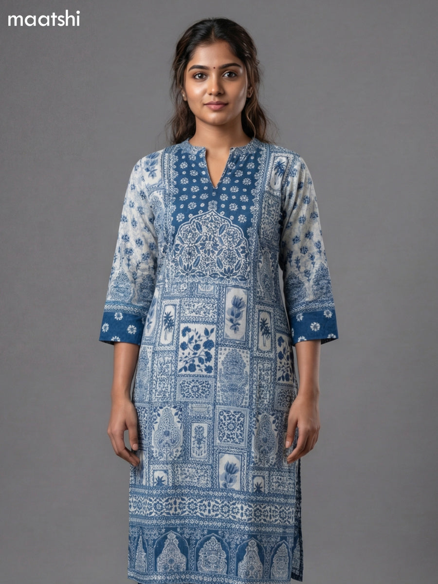 Off White and Blue Muslin Printed Straight Suit