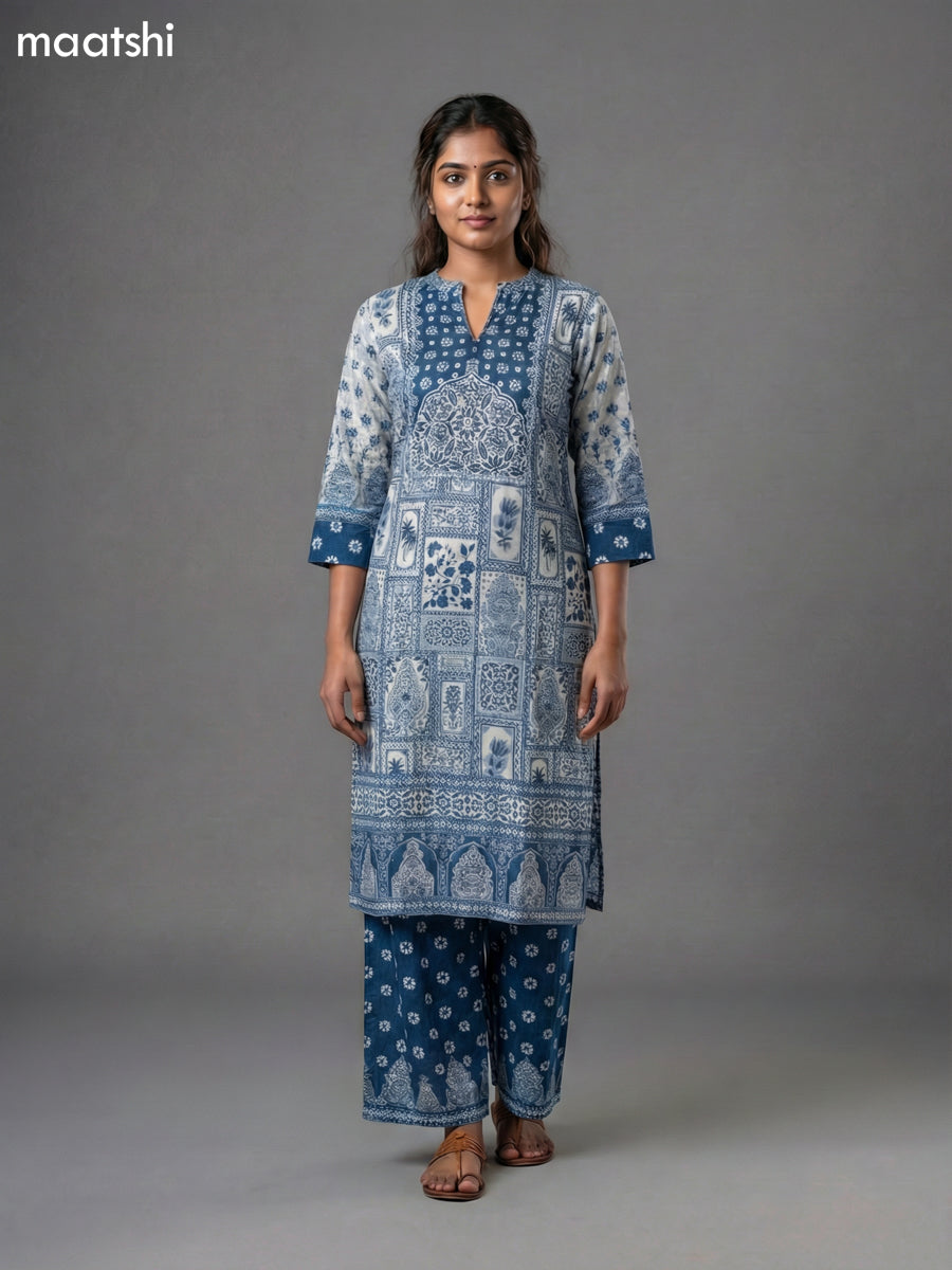Off White and Blue Muslin Printed Straight Suit