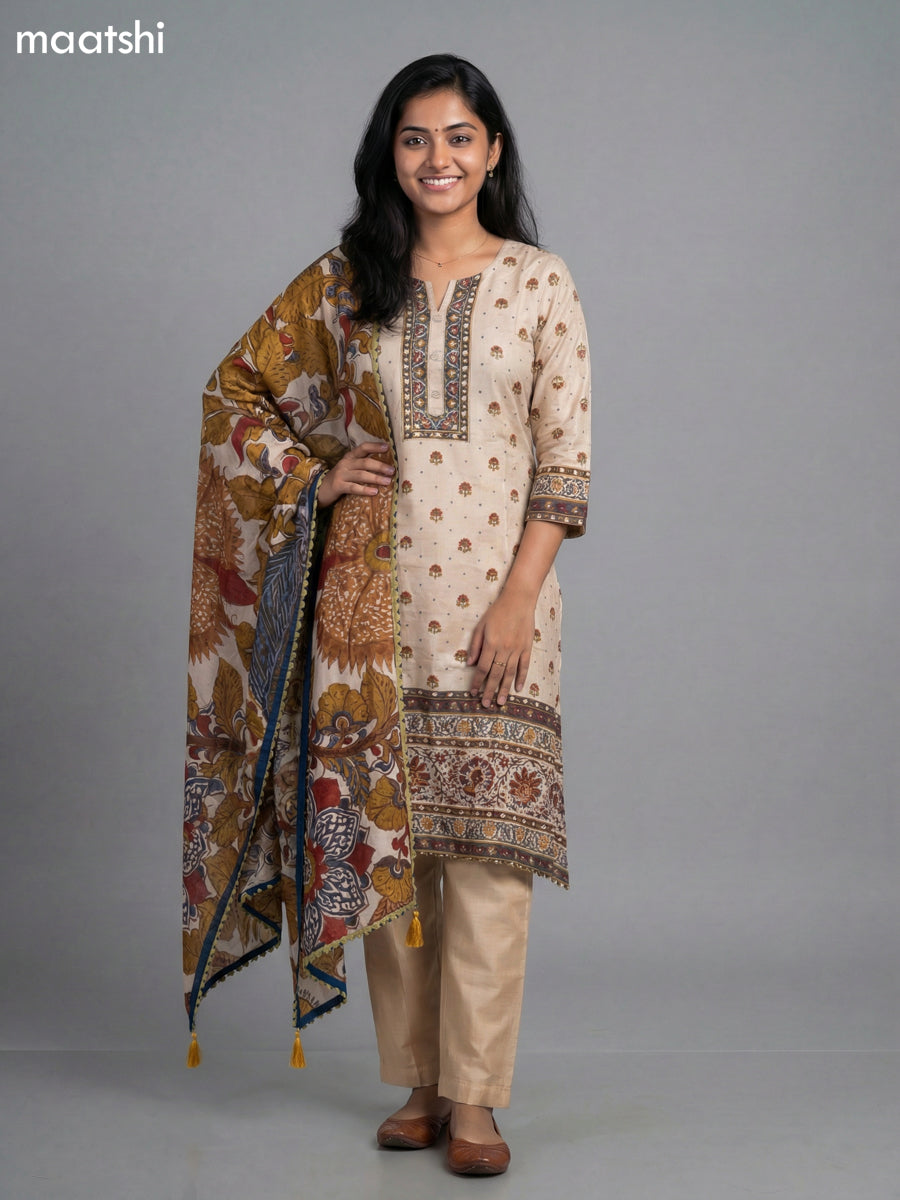 Cream Muslin Kalamkari Printed Fish Cut Suit
