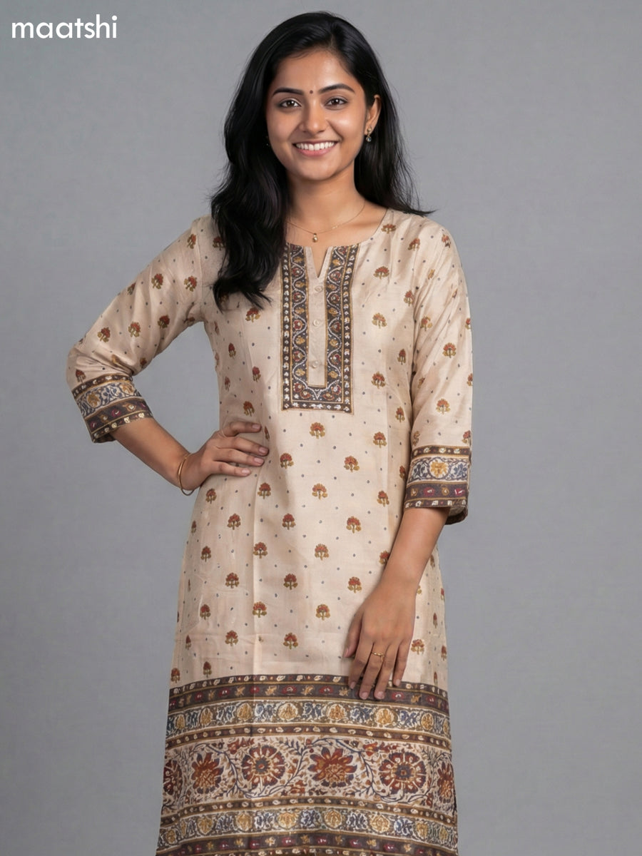 Cream Muslin Kalamkari Printed Fish Cut Suit