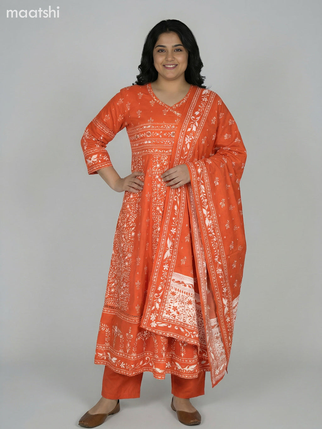 Rustic Orange Cotton Printed Anarkali Suit