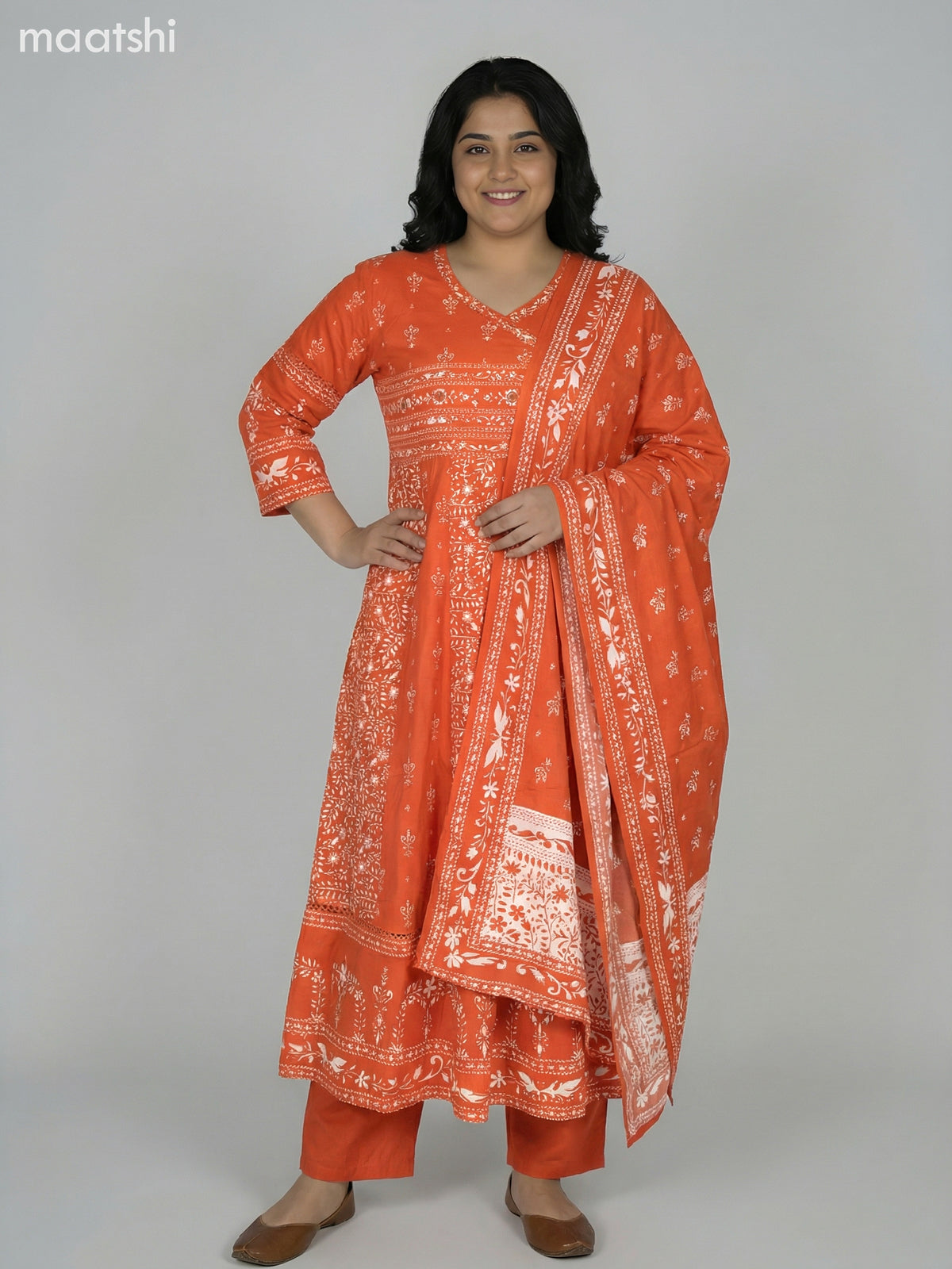 Rustic Orange Cotton Printed Anarkali Suit