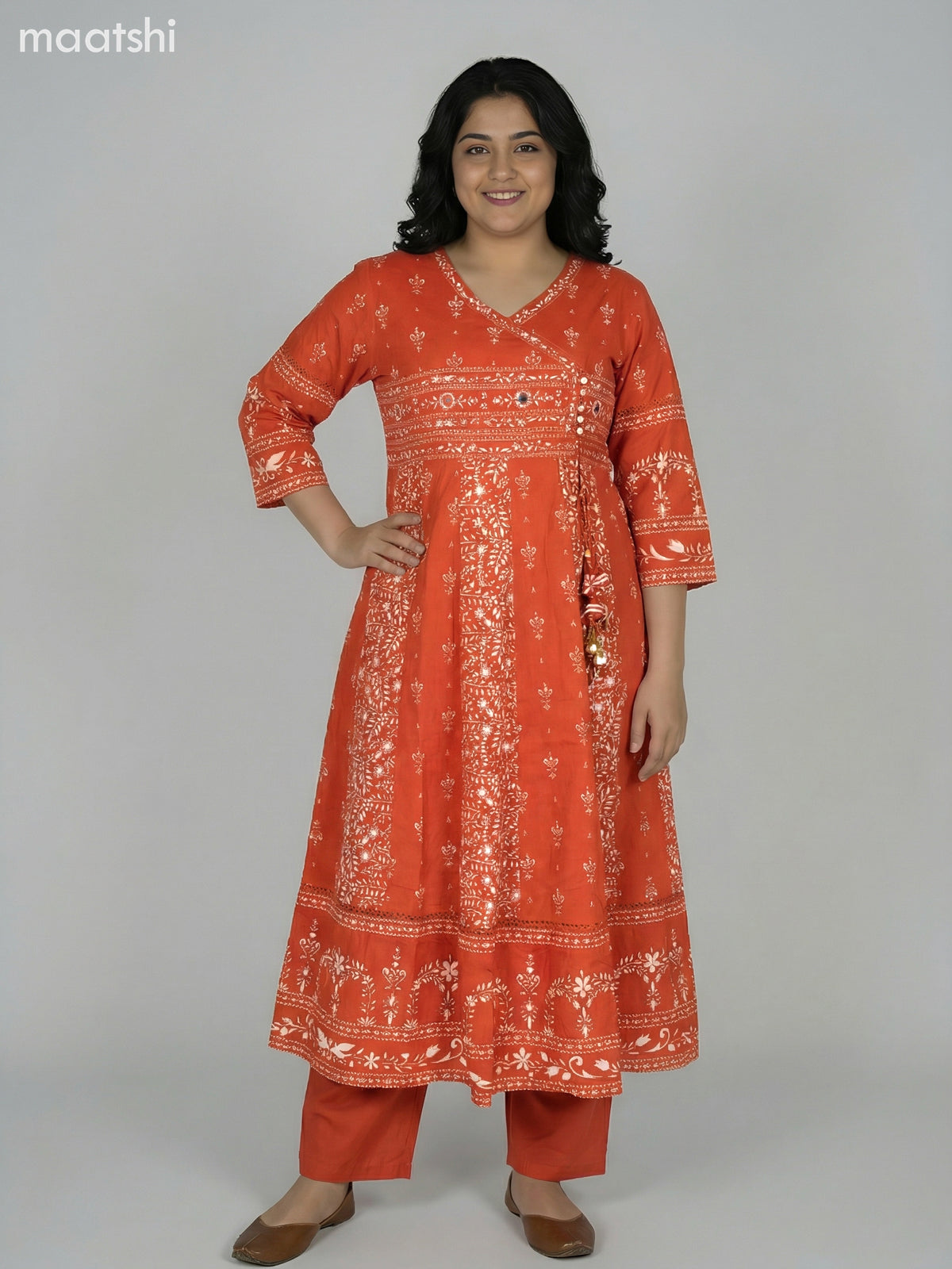 Rustic Orange Cotton Printed Anarkali Suit