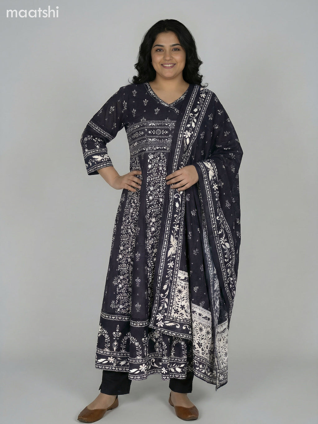 Black Cotton Printed Anarkali Suit