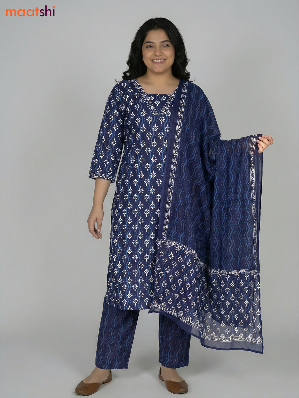 Blue Cotton Printed Straight Suit