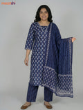 Blue Cotton Printed Straight Suit