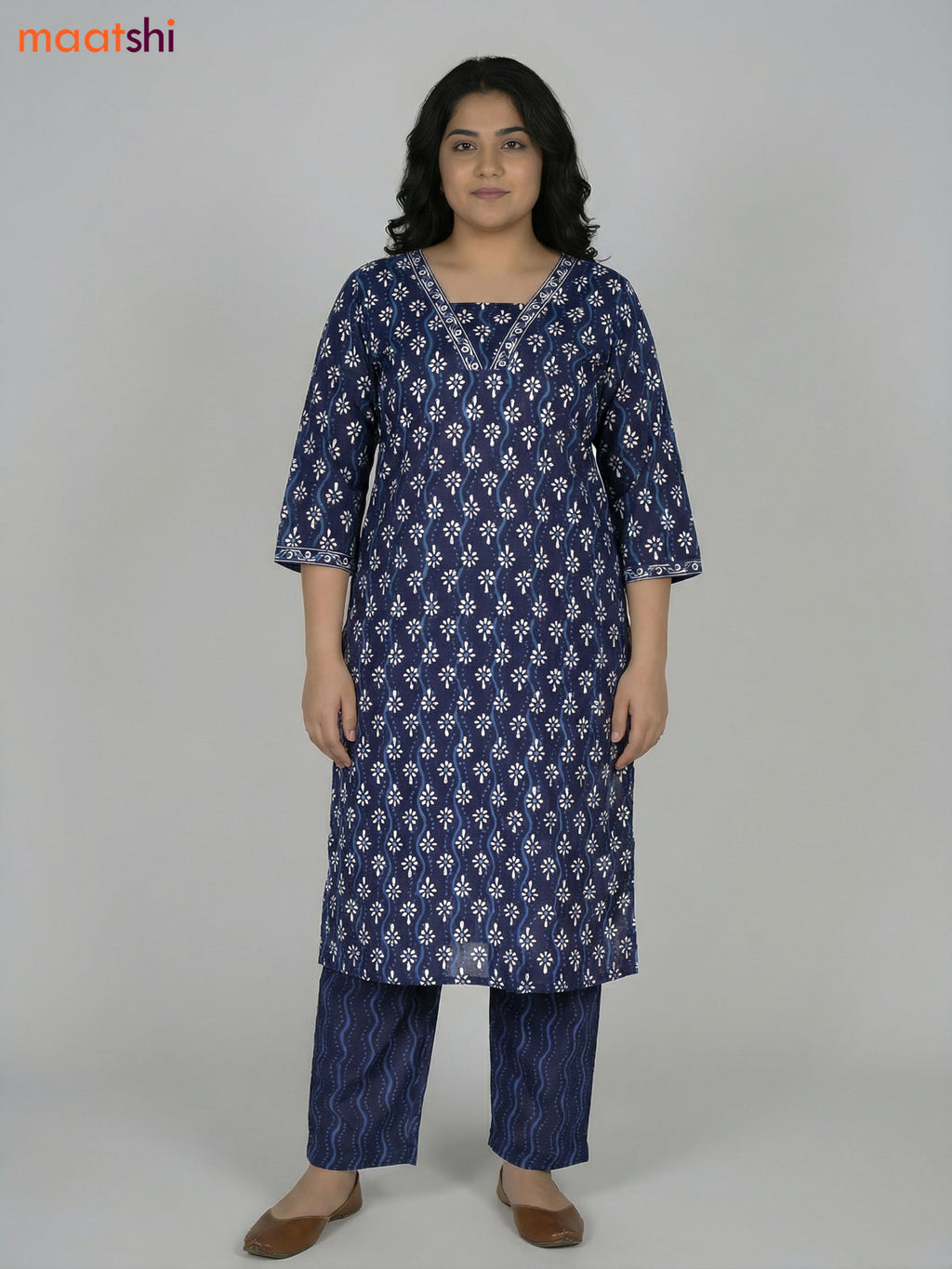 Blue Cotton Printed Straight Suit