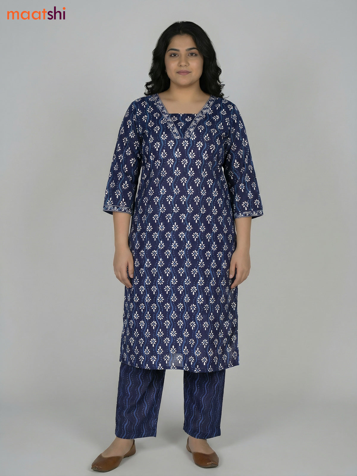 Blue Cotton Printed Straight Suit