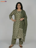 Green Cotton Printed Straight Suit