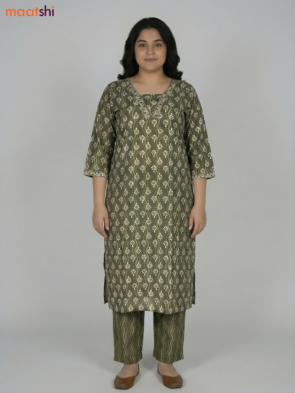 Green Cotton Printed Straight Suit