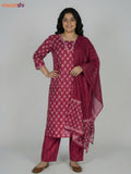Maroon Cotton Printed Straight Suit
