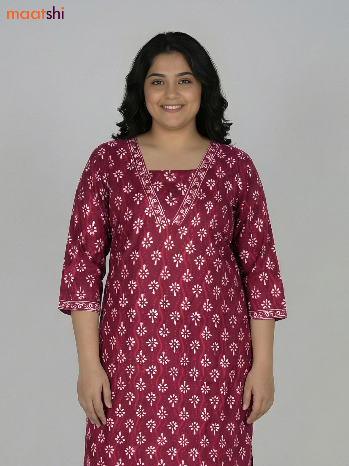 Maroon Cotton Printed Straight Suit