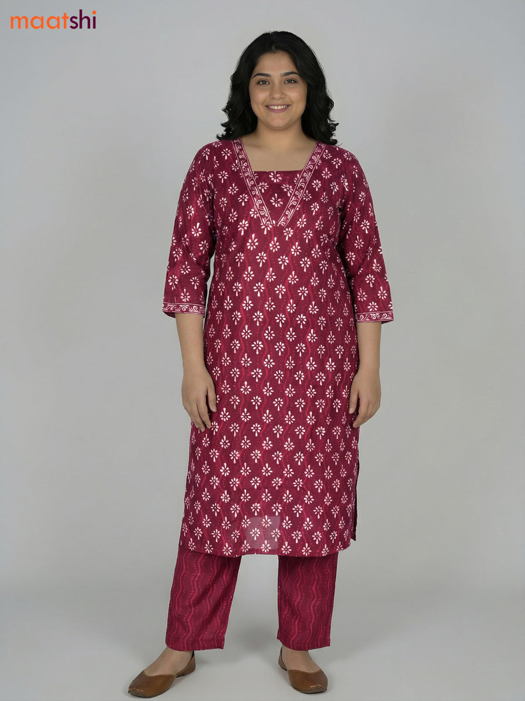 Maroon Cotton Printed Straight Suit