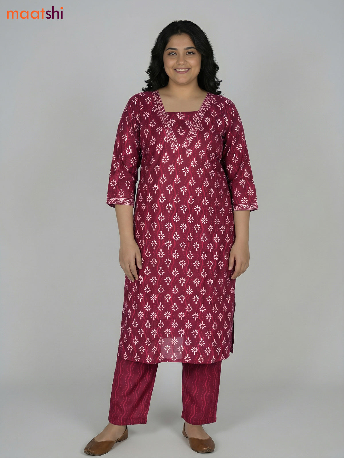 Maroon Cotton Printed Straight Suit
