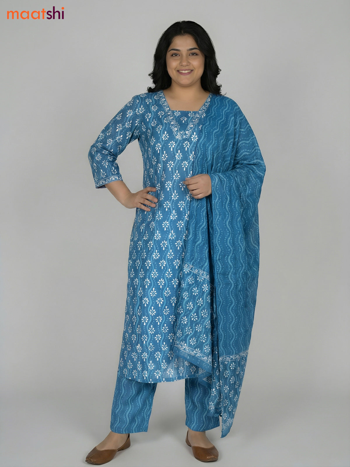Blue Shade Cotton Printed Straight Suit