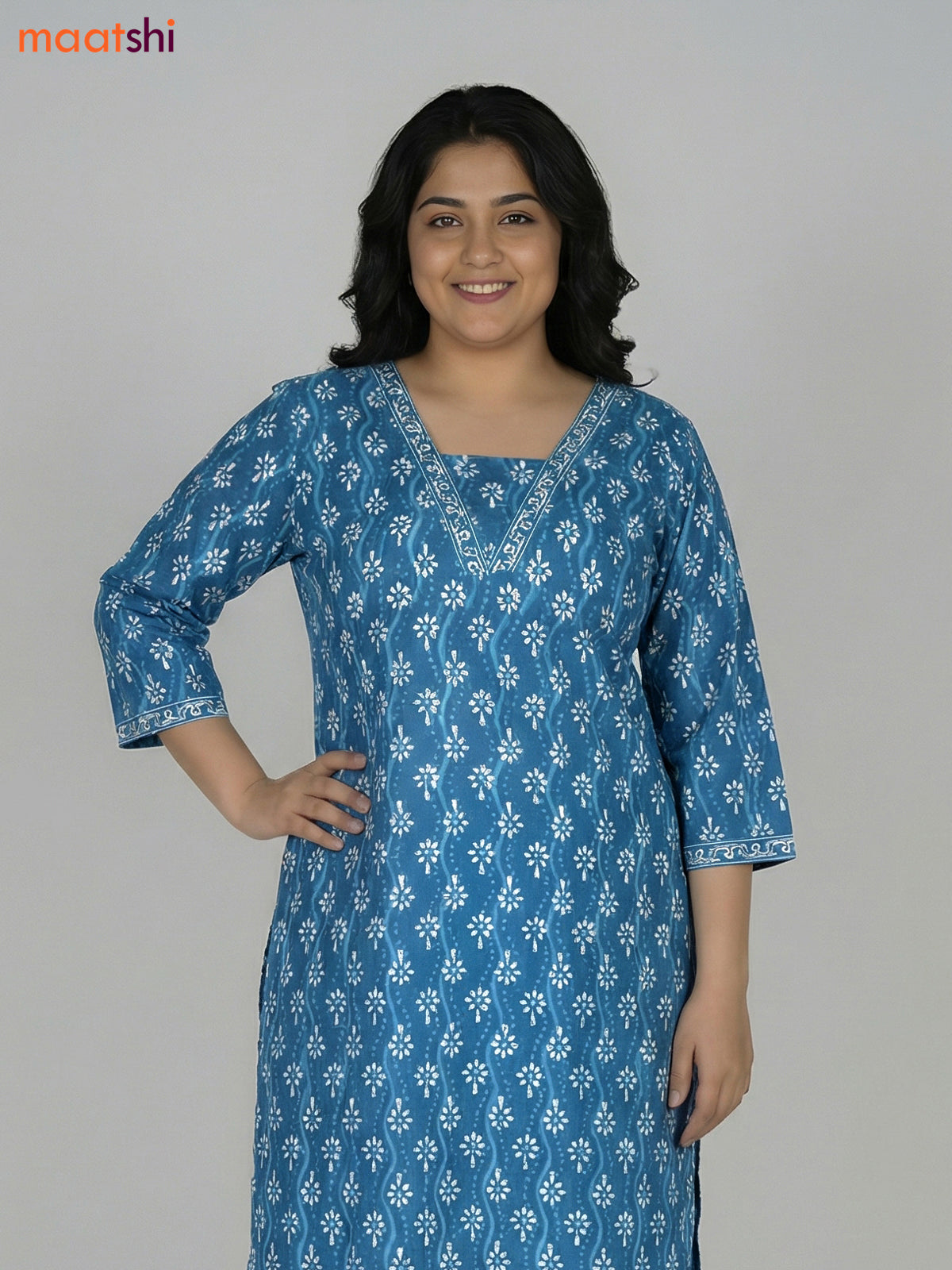 Blue Shade Cotton Printed Straight Suit