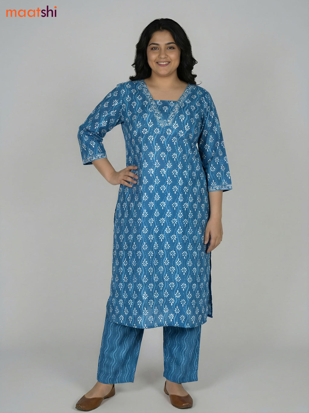 Blue Shade Cotton Printed Straight Suit