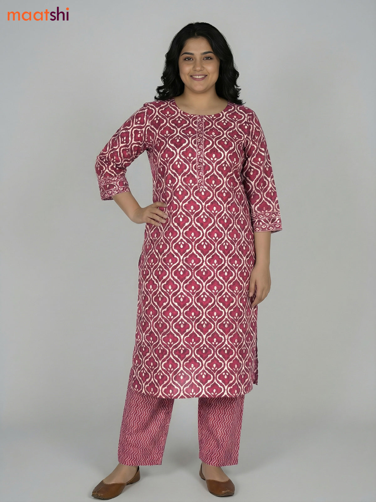 Maroon and Cream Cotton Printed Straight Suit