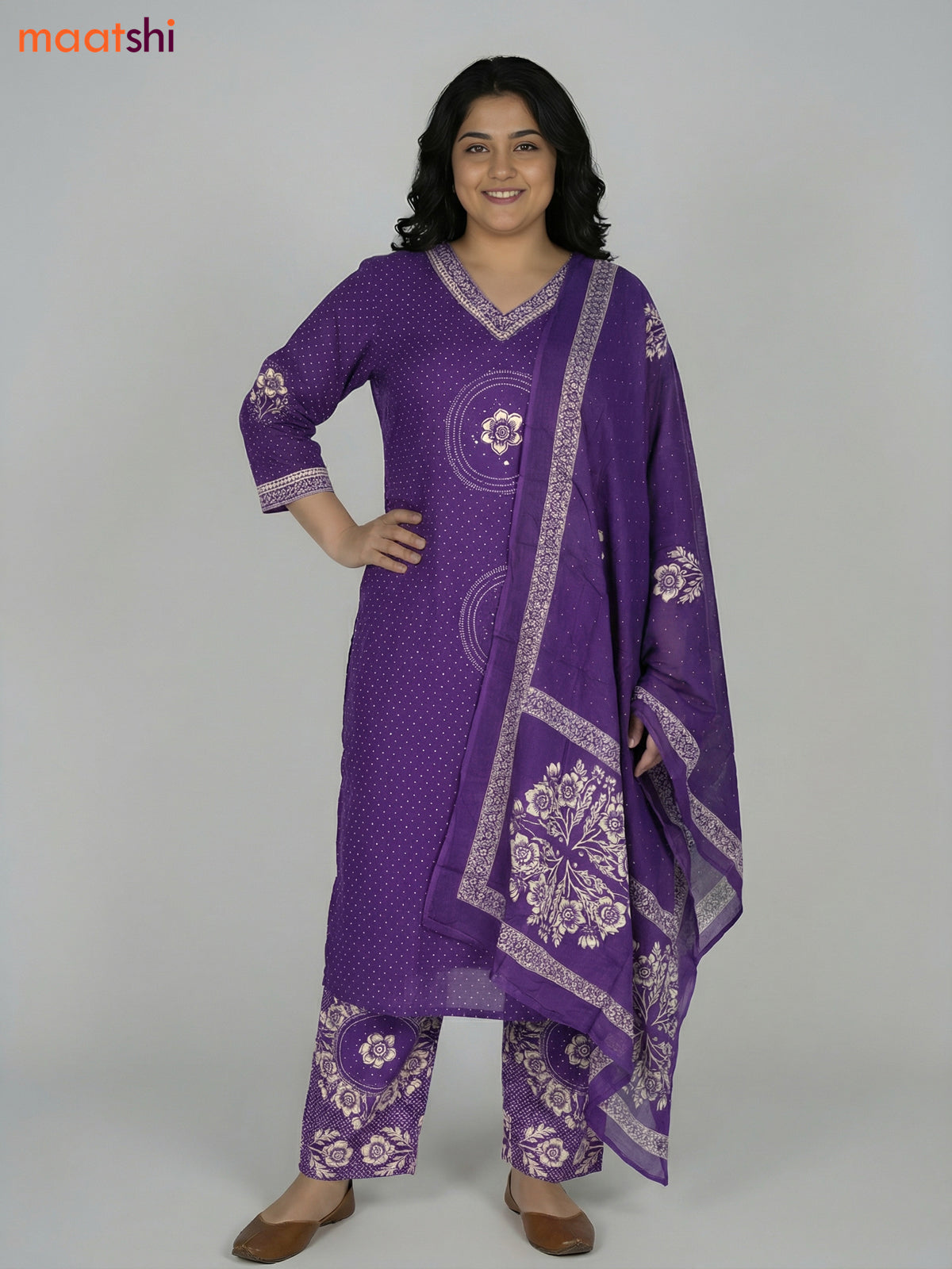 Violet Cotton Printed Straight Suit