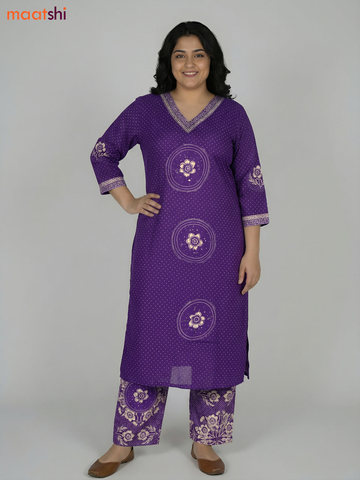 Violet Cotton Printed Straight Suit