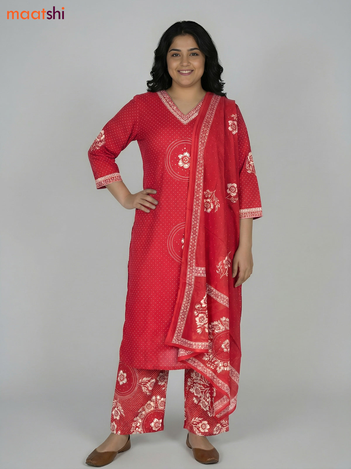 Maroon Cotton Printed Straight Suit