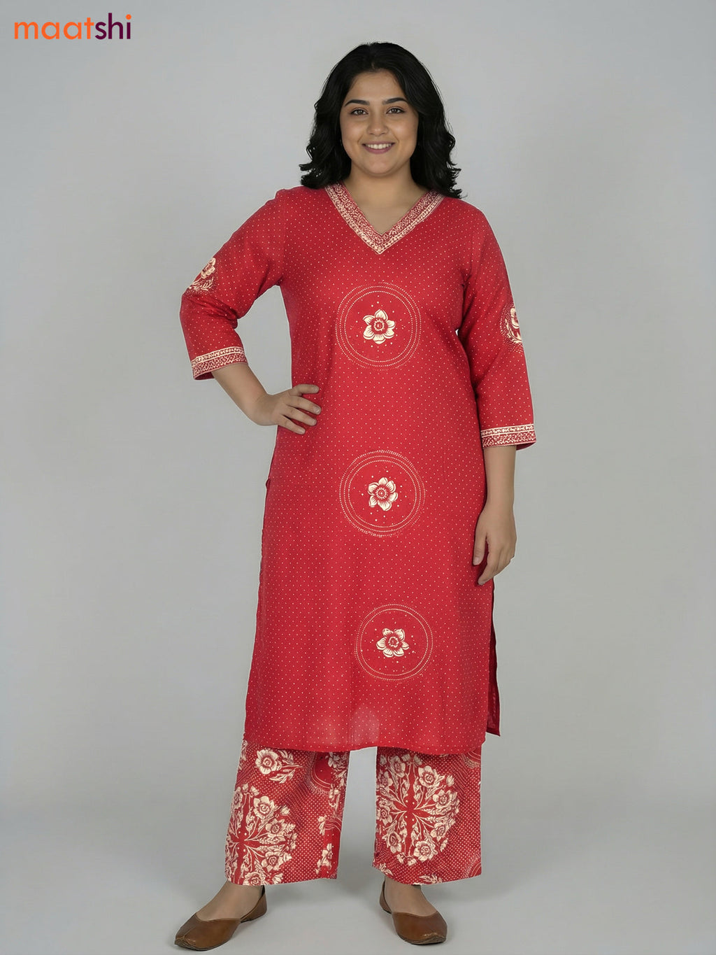 Maroon Cotton Printed Straight Suit