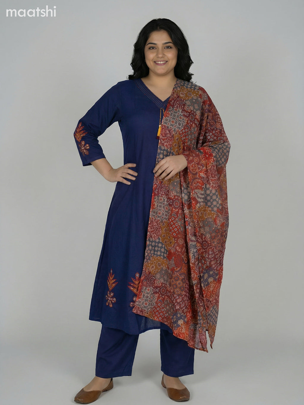 Navy Blue Cotton Kalamkari Patch Work Anarkali Suit