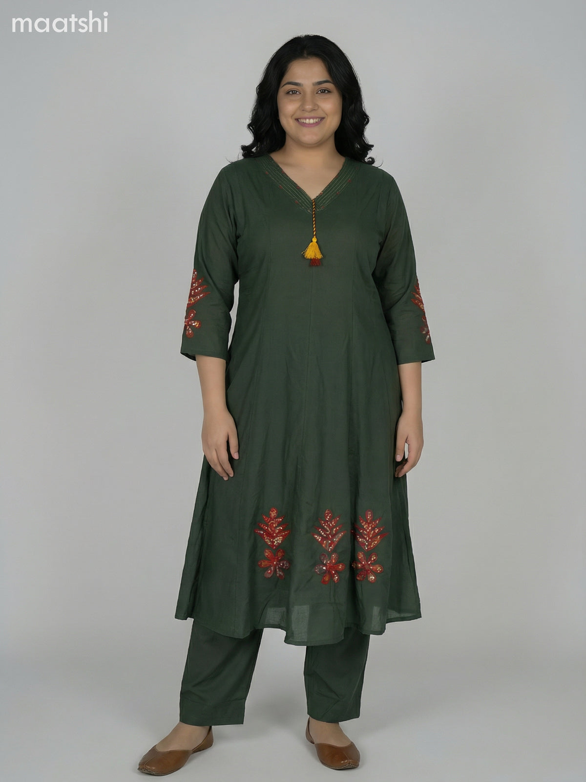 Green Cotton Kalamkari Patch Work Anarkali Suit