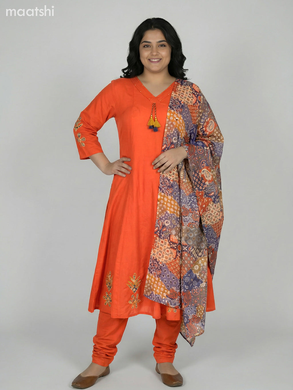 Rust Shade Cotton Kalamkari Patch Work Anarkali Suit