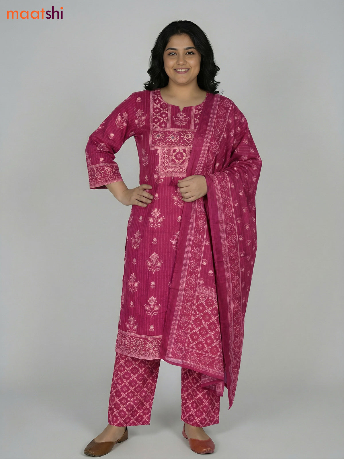 Magenta Pink Cotton Printed Straight Suit