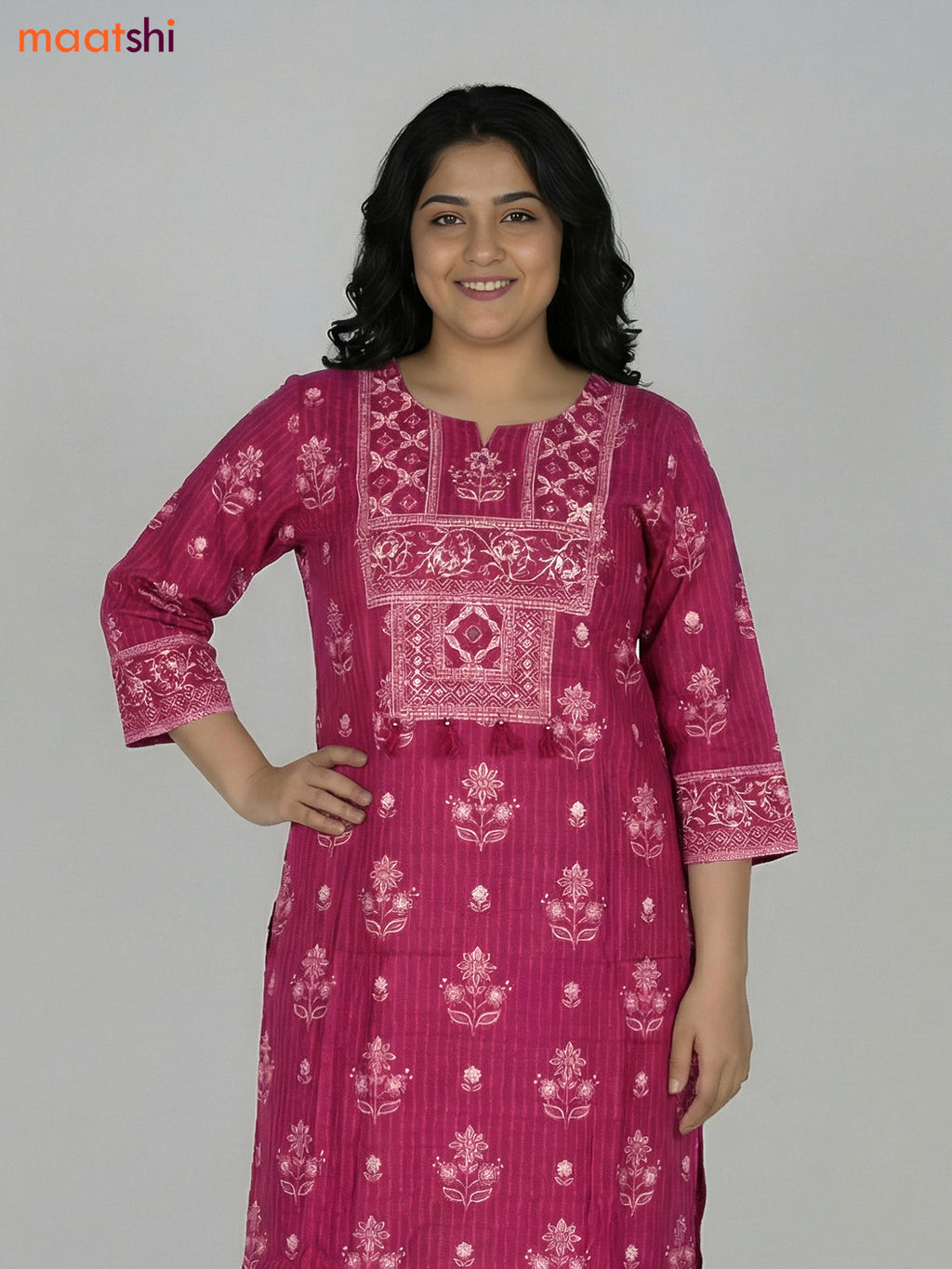Magenta Pink Cotton Printed Straight Suit