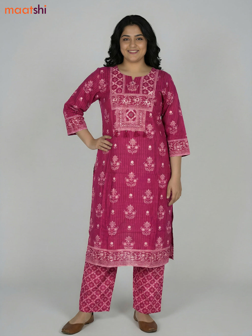 Magenta Pink Cotton Printed Straight Suit
