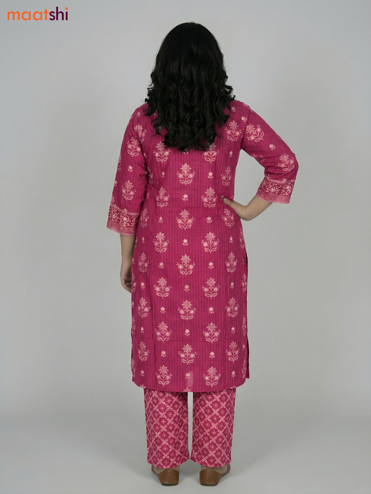 Magenta Pink Cotton Printed Straight Suit