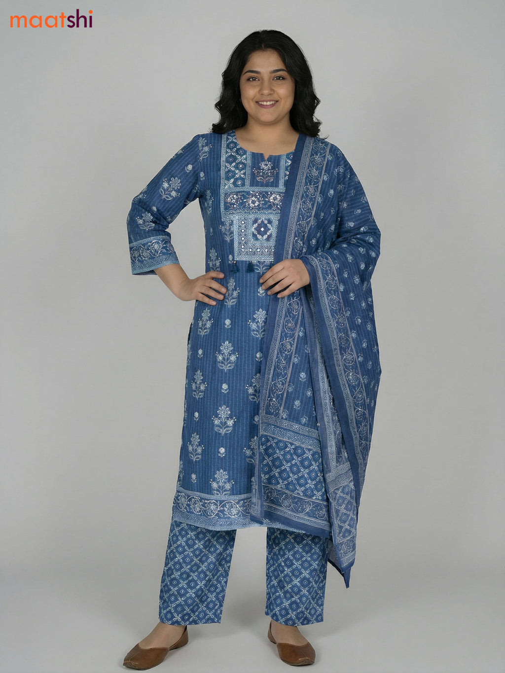 Blue Cotton Printed Straight Suit