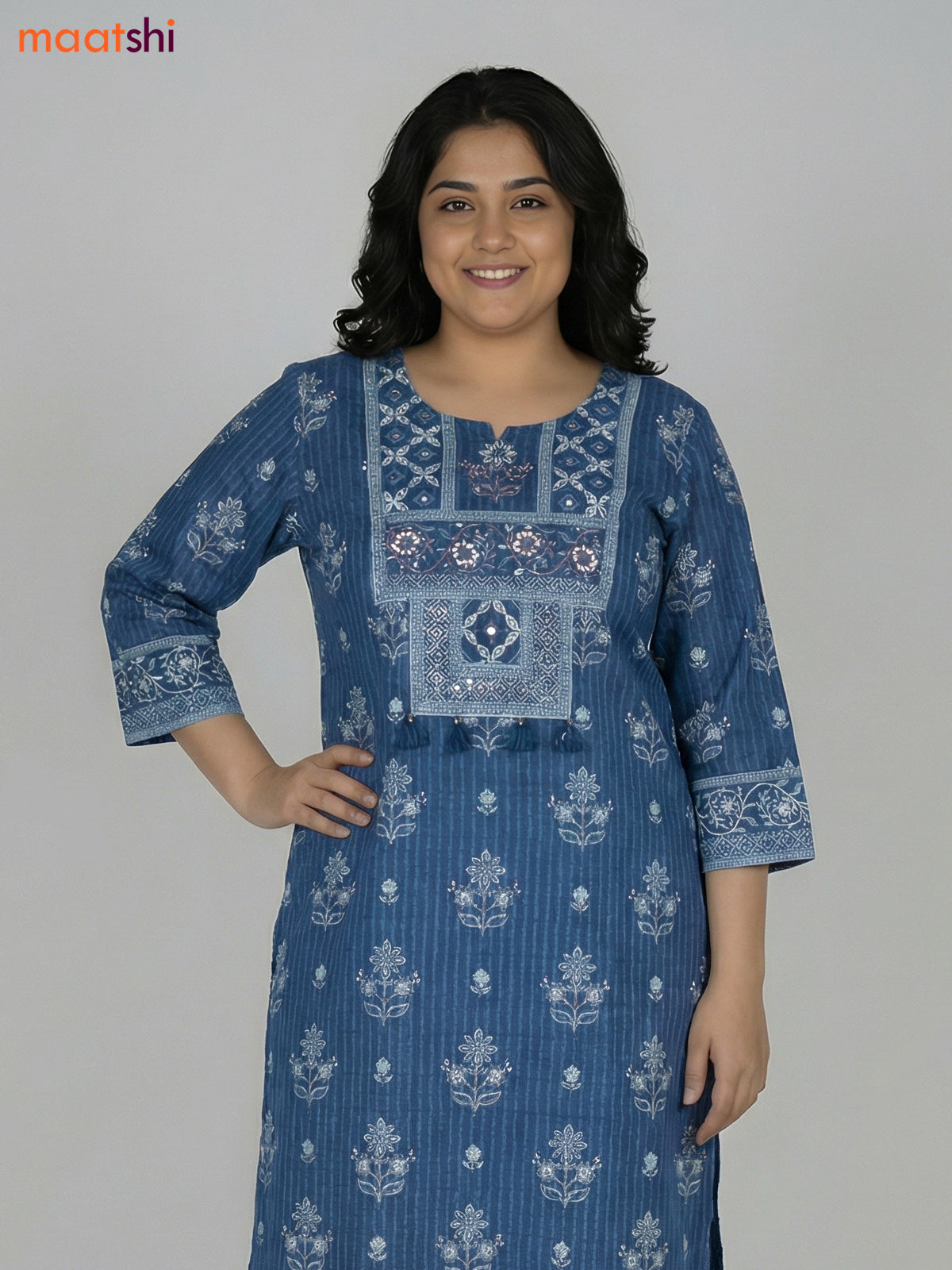 Blue Cotton Printed Straight Suit