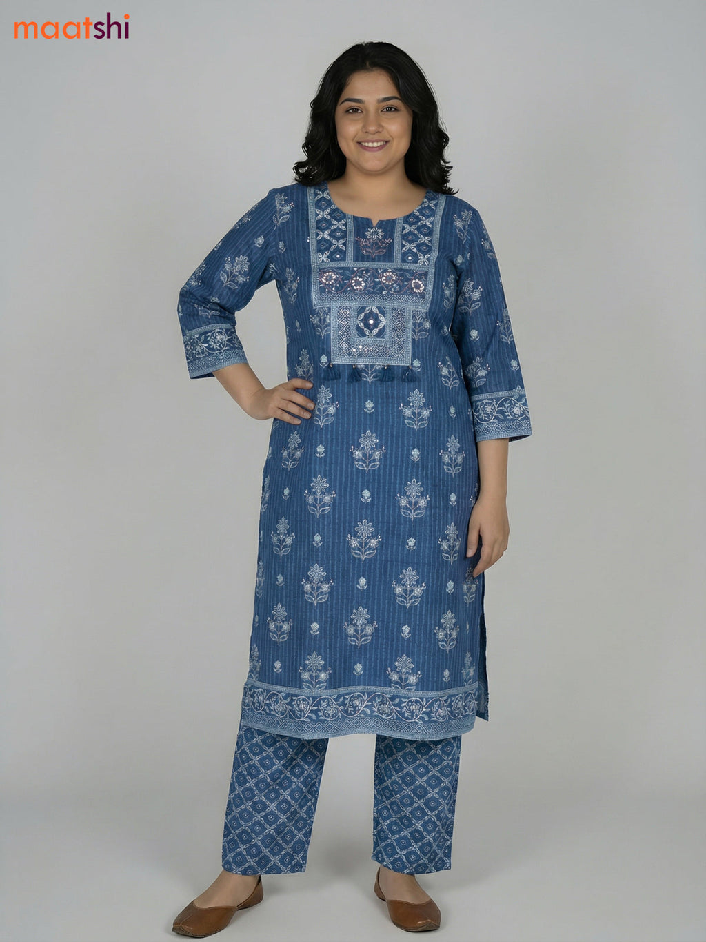 Blue Cotton Printed Straight Suit