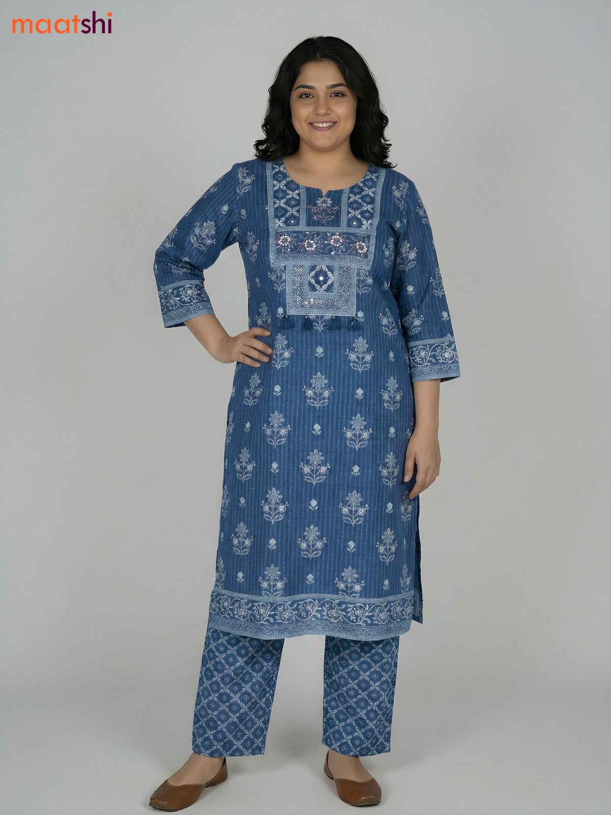 Blue Cotton Printed Straight Suit