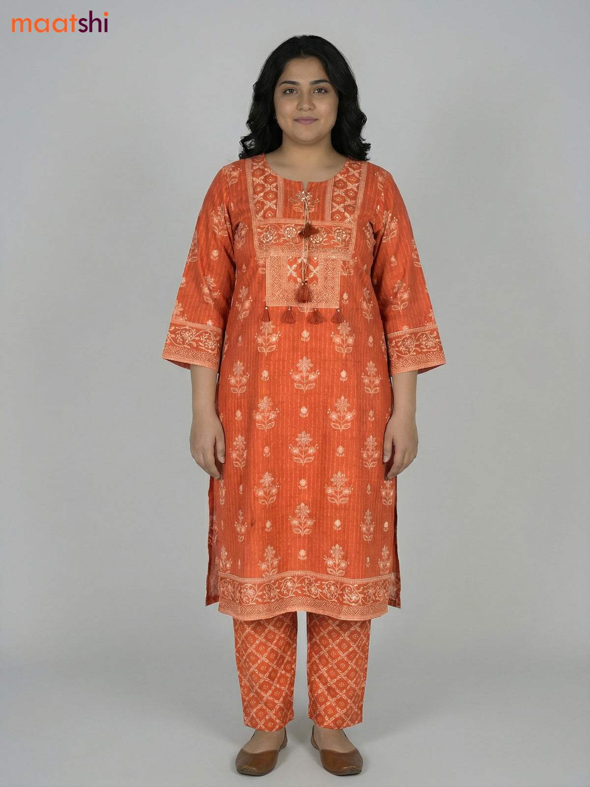 Rustic Orange Cotton Printed Straight Suit