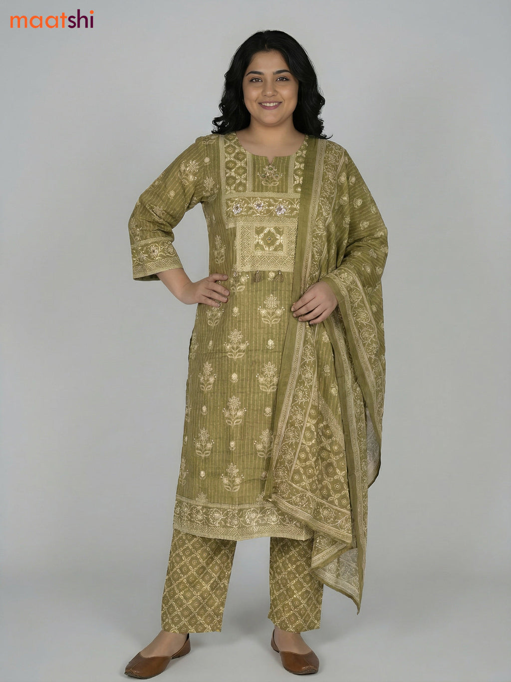 Green Shade Cotton Printed Straight Suit