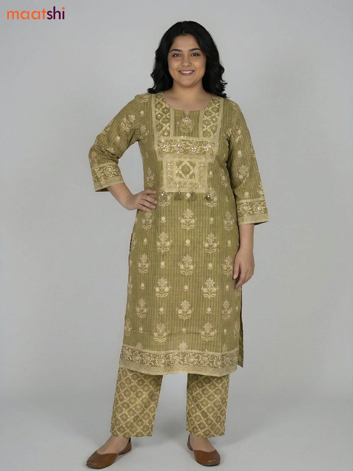 Green Shade Cotton Printed Straight Suit